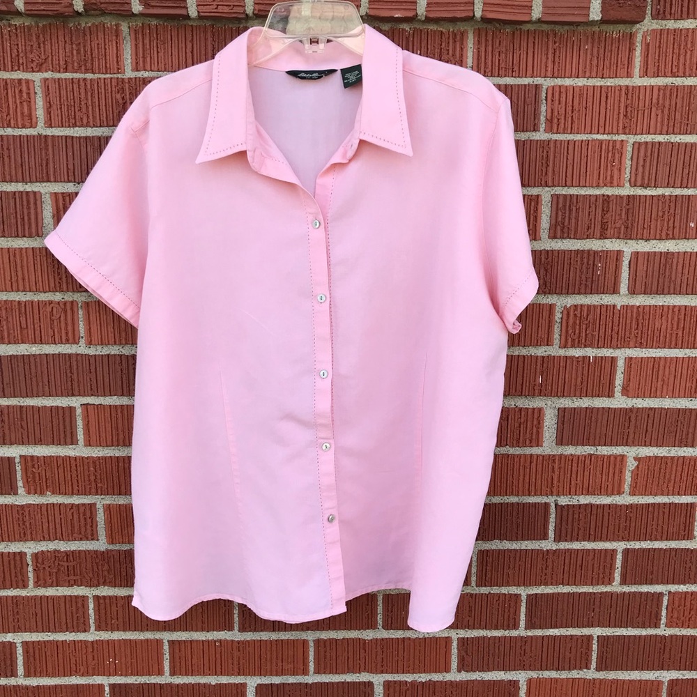 Eddie Bauer womens XXL pink short sleeve button up shirt top blouse linen cotton
